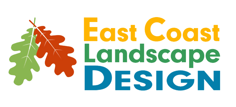 Logo for East Coast Landscape Design. The text is written in a combination of yellow, orange, green, and blue colors. To the left of the text are three overlapping oak leaves in green, orange, and red.
