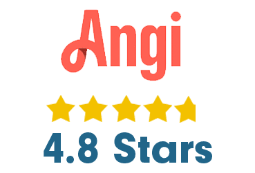 An image containing the logo for Angi (red stylized font) with a row of five yellow stars below it. Under the stars, the text reads "4.8 Stars" in blue.