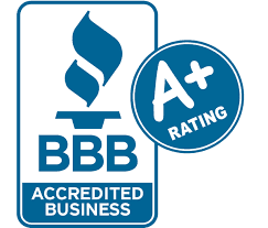 A blue and white logo for the Better Business Bureau (BBB) displays a torch symbol above the letters "BBB" and the words "Accredited Business." To the right, a blue circle contains the text "A+ Rating," indicating a high-quality business accreditation.