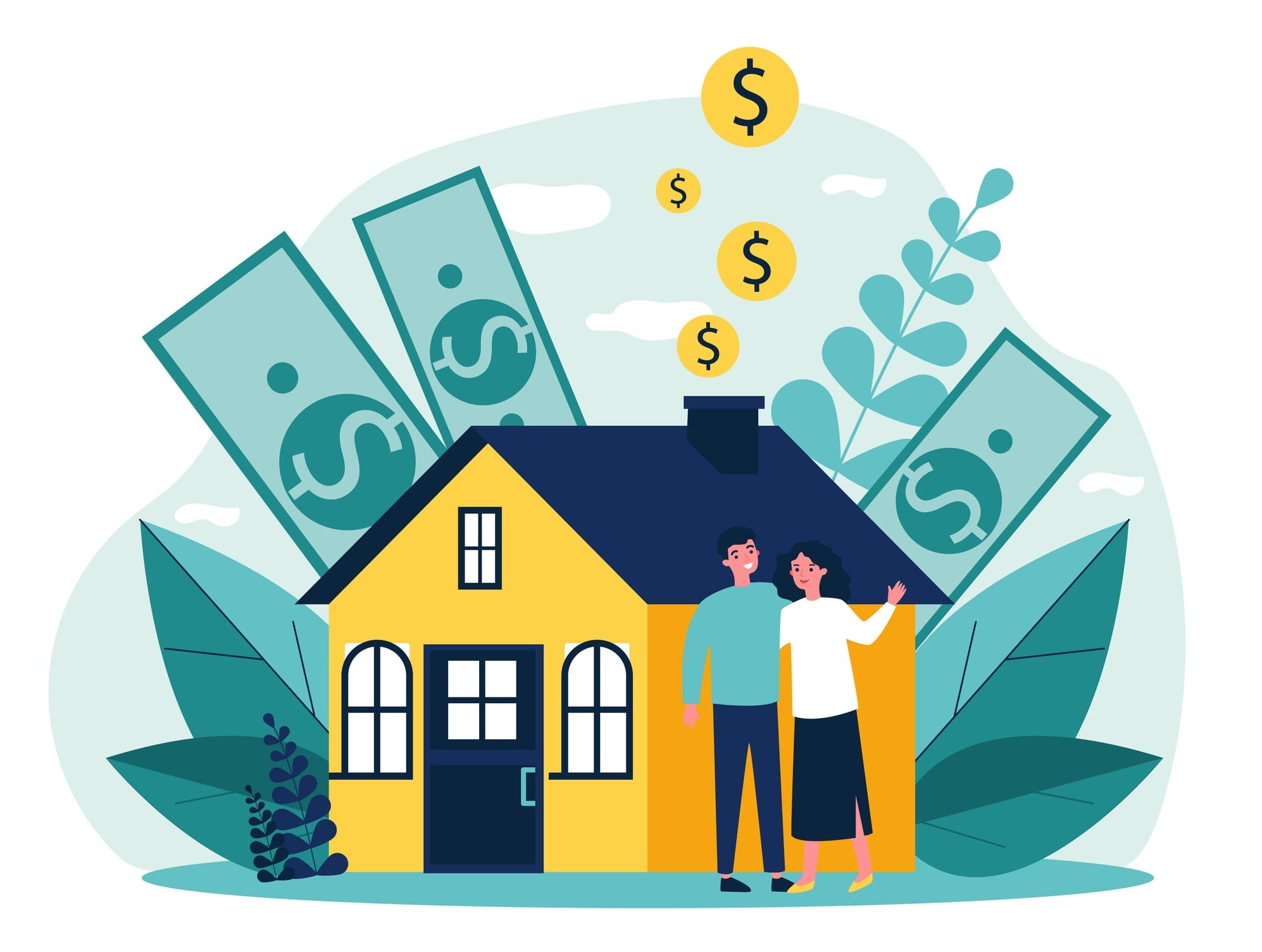 Illustration of a smiling couple standing outside a yellow house with green leaves in the background. Large dollar bills can be seen behind the house, and dollar signs are floating above, symbolizing financial investment or property value.