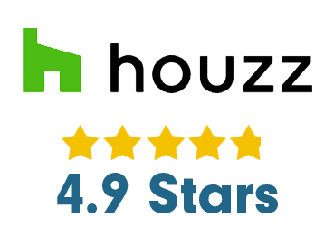 The image displays the Houzz logo, which includes a stylized green house icon followed by the text "houzz." Below the logo, there are five gold stars and the text "4.9 Stars" in blue.