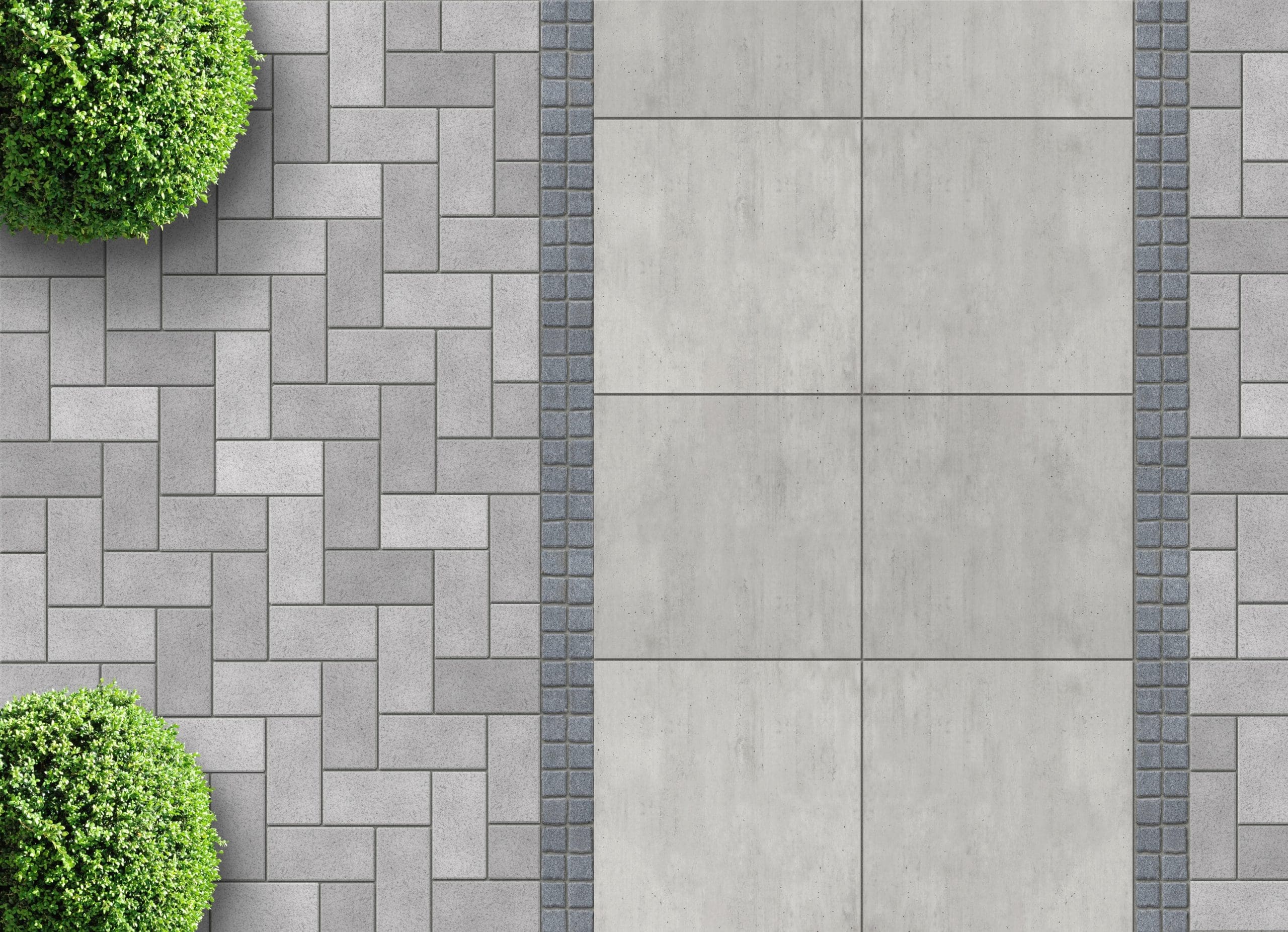 Top-down view of a paved walkway. On the left side, there is a herringbone pattern with light gray bricks and three spherical green bushes placed at intervals. The right side has large, smooth concrete slabs lined with small gray rectangular tiles.