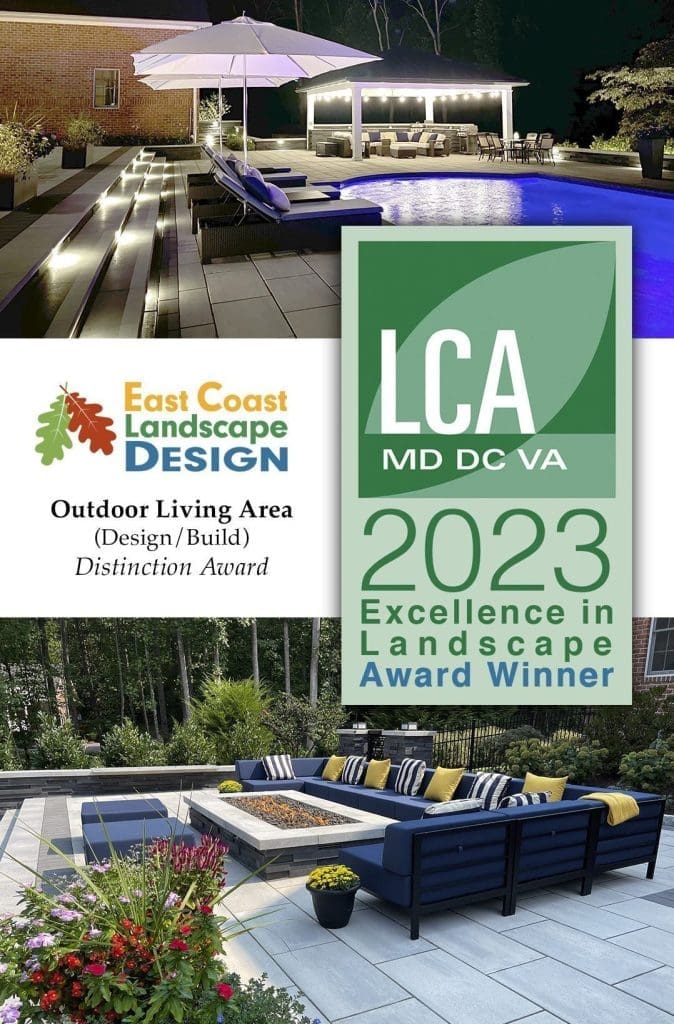 An outdoor living area featuring a modern patio with seating, plants, and a pool, illuminated at night. A banner reads "East Coast Landscape Design, Outdoor Living Area (Design/Build) Distinction Award," and "2023 Excellence in Landscape Award Winner" from LCA MD DC VA.