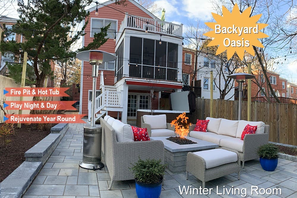 A backyard with a cozy lounge area featuring a fire pit surrounded by cushioned seating and patio heaters. A two-story house with a screened-in porch overlooks the area. Text overlays include "Backyard Oasis," "Fire Pit & Hot Tub," "Play Night & Day," and "Winter Living Room.