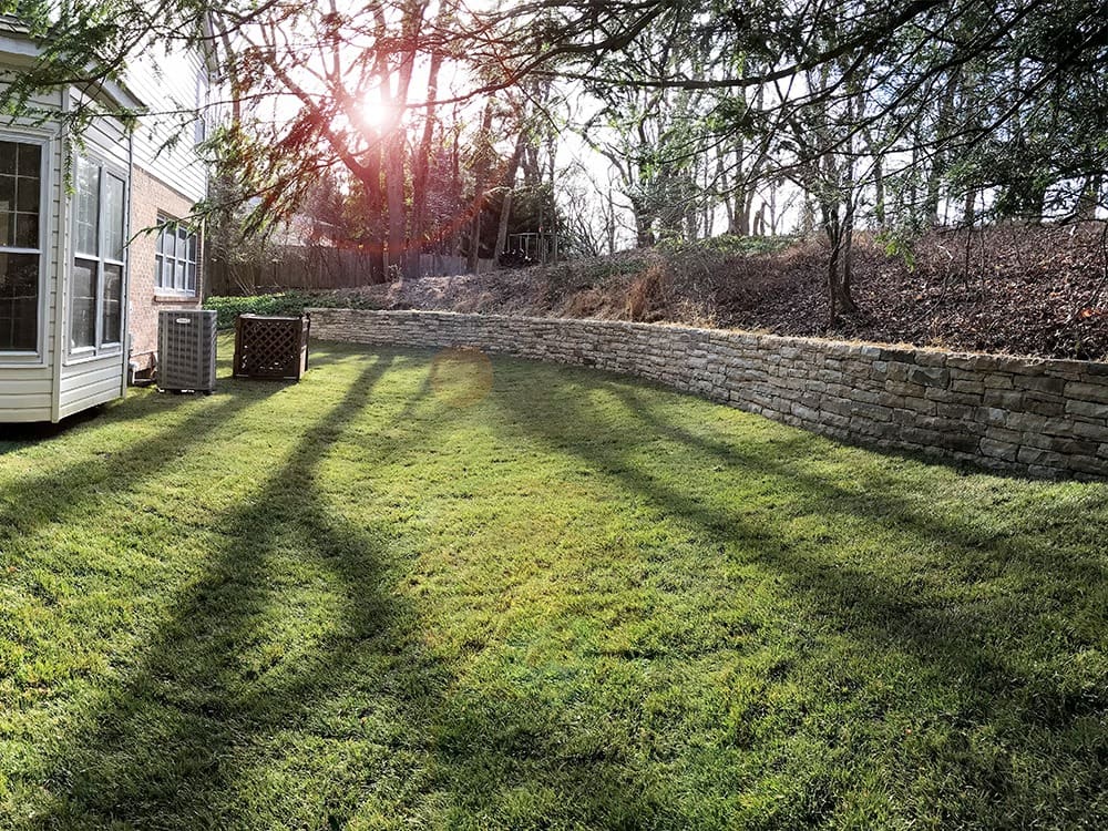 A well-maintained grassy backyard with long shadows cast by trees. A stone retaining wall borders the back, separating the yard from a wooded area. A house with large windows is visible on the left side of the image, with an air conditioning unit adjacent to it.