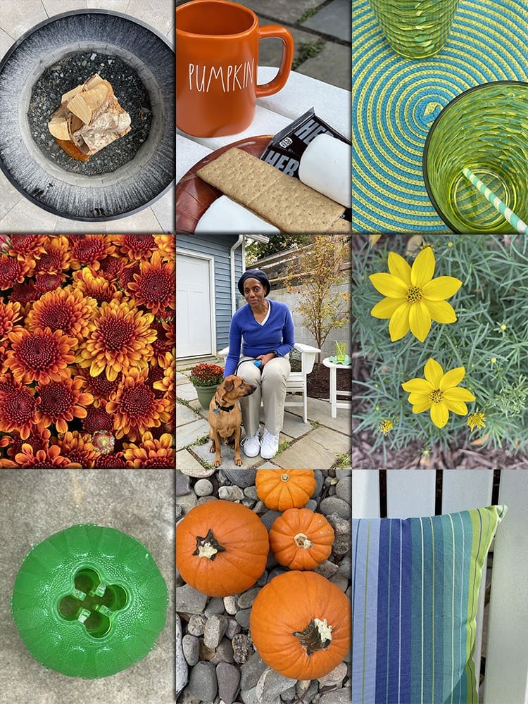 A grid of nine images featuring: a fire pit, a pumpkin-themed mug, green glassware on a mat, red and orange flowers, a person sitting with a dog, yellow flowers, a green button, pumpkins on pebbles, and a striped pillow on a white chair.