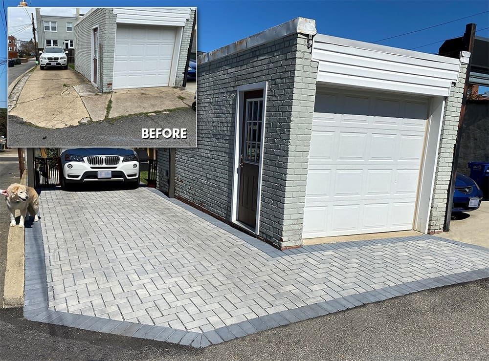 Side-by-side comparison image showing a garage driveway before and after renovation. The "Before" picture in the upper left corner shows a cracked, uneven surface. The "After" image displays a smooth, neatly paved driveway with gray bricks and a dog on the left.