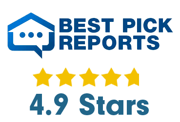 The image is a logo for "Best Pick Reports" featuring a house icon with a chat bubble. Below the text, there are five yellow stars and the rating "4.9 Stars.