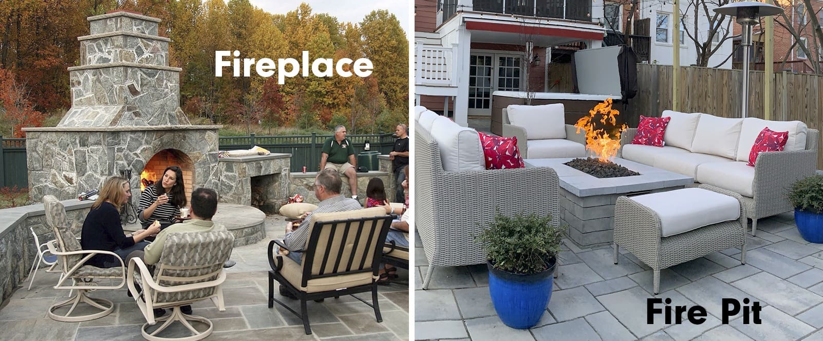 Split image showing two outdoor seating areas. The left side features a stone fireplace with several people seated around it, labeled "Fireplace." The right side shows a modern patio with a fire pit surrounded by cushioned furniture and pink pillows, labeled "Fire Pit.